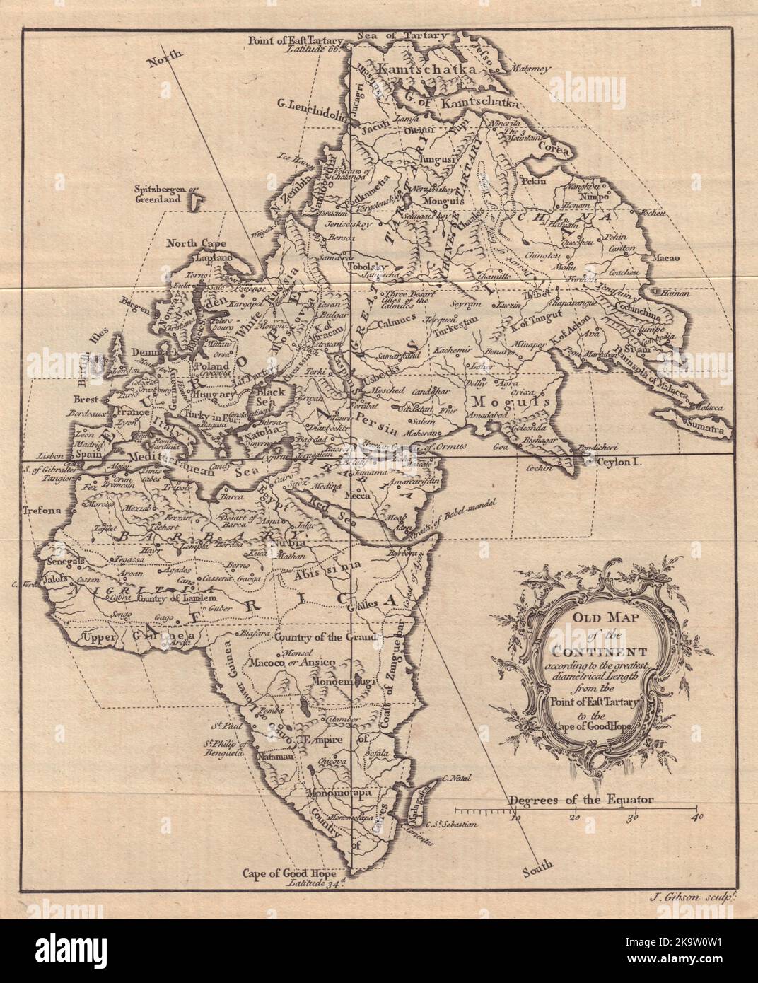 Old Map of the Continent… Europe Africa Asia Eastern Hemisphere. GIBSON 1758 Stock Photo