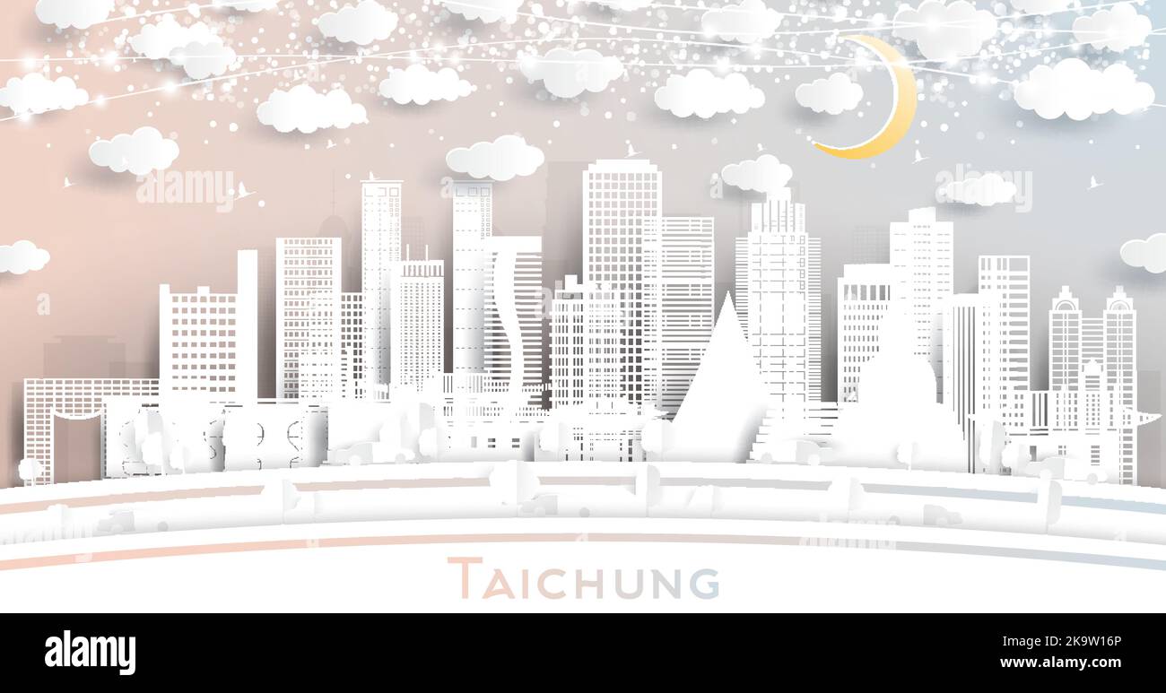 Taichung Taiwan City Skyline in Paper Cut Style with White Buildings, Moon and Neon Garland. Vector Illustration. Travel and Tourism Concept. Stock Vector