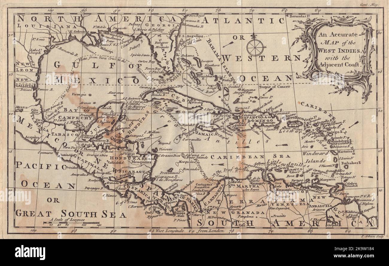 An Accurate Map of the West Indies with the Adjacent Coast. GIBSON 1762 Stock Photo