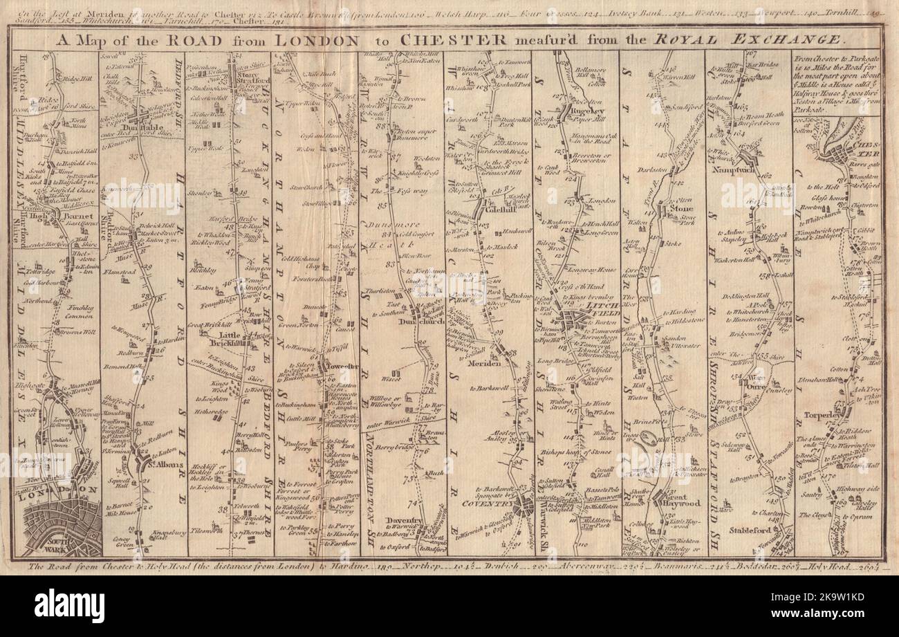 The Road from London to Chester. St Albans Coventry Lichfield GENTS MAG 1765 map Stock Photo