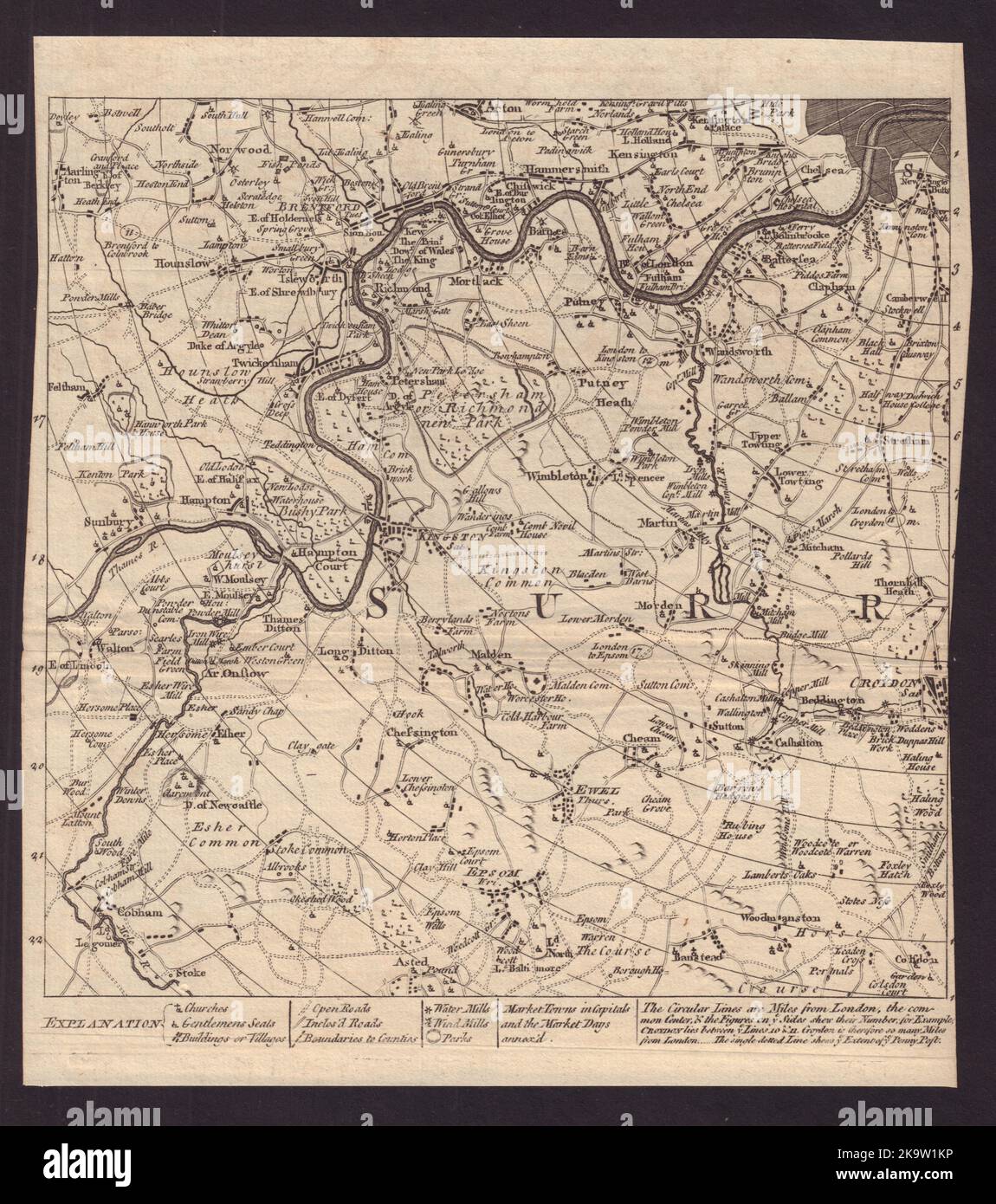 SW London & Surrey. Richmond Wandsworth Merton Kensington. GENTS MAG 1764 map Stock Photo