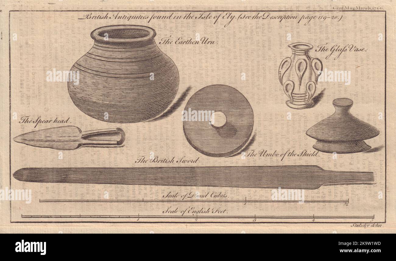 Isle of Ely Antiquities. Urn Glass Vase spearhead Umbo Shield Sword 1766 print Stock Photo