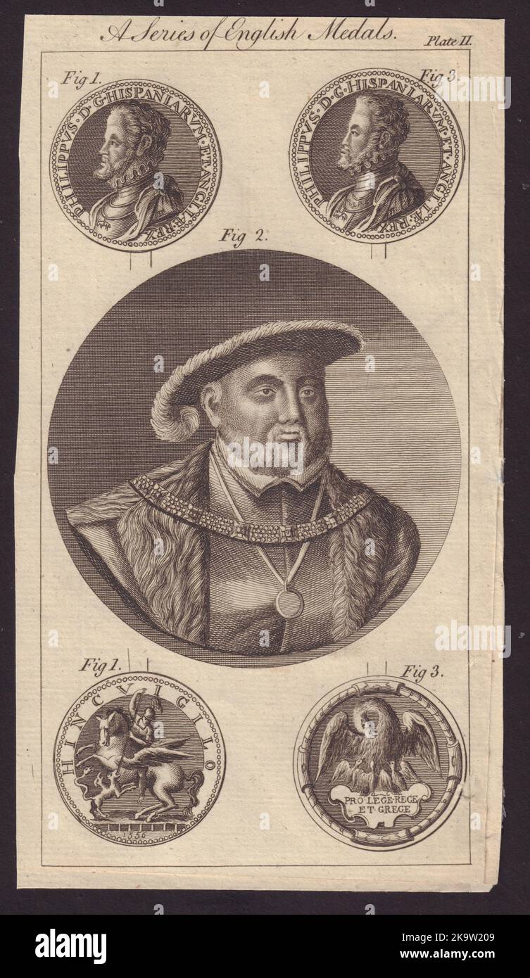 King Henry VIII. Medals of Philip & Mary. A Pelican. GENTS MAG 1778 old print Stock Photo