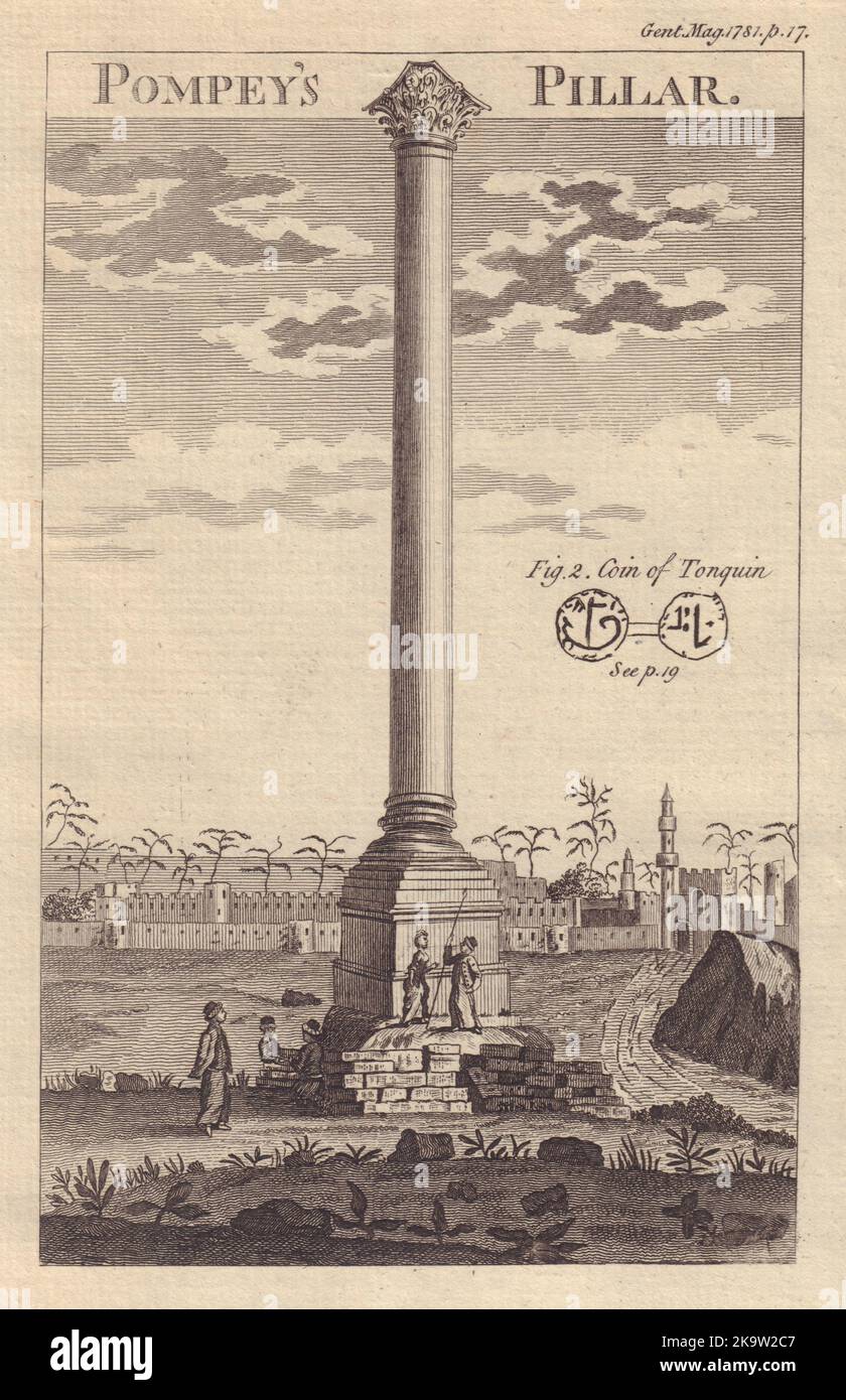 Pompey's Pillar and part of Alexandria. Coin of Tonquin. Tonkin, Vietnam 1781 Stock Photo