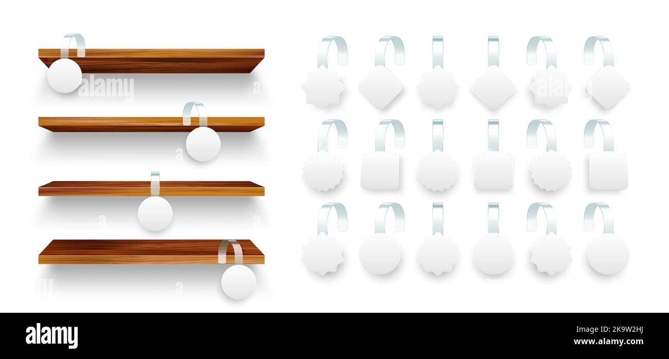 Wooden store shelves with supermarket promotional wobblers. Product