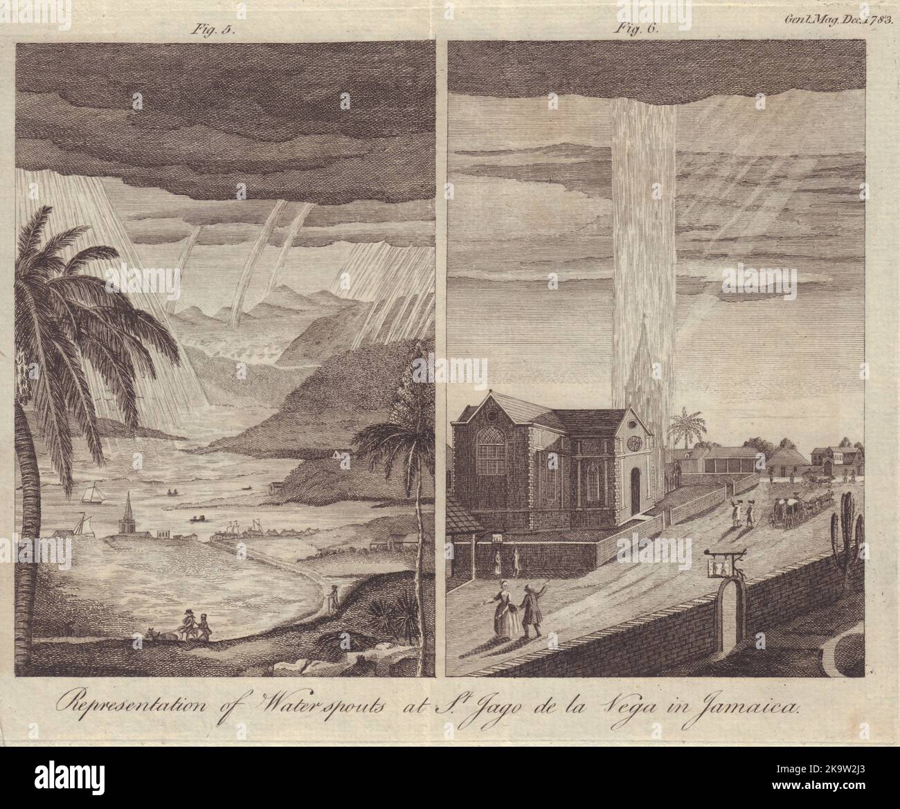 Waterspouts at St. Jago de la Vega in Jamaica. Spanish Town. GENTS MAG 1783 Stock Photo