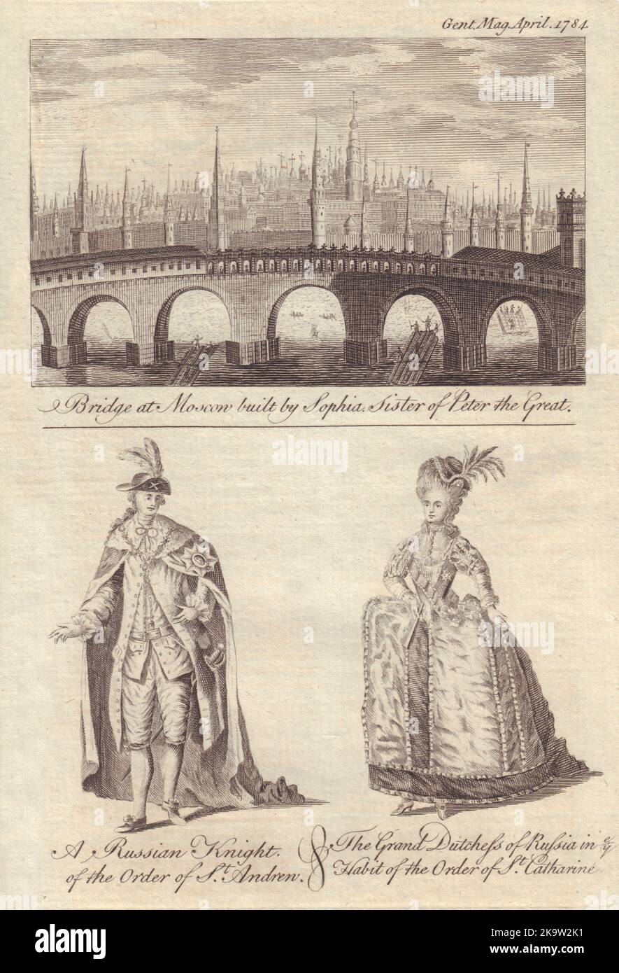 Bolshoy Kamenny Bridge, Moscow. Russian Knight of St. Andrew. Grand Duchess 1784 Stock Photo