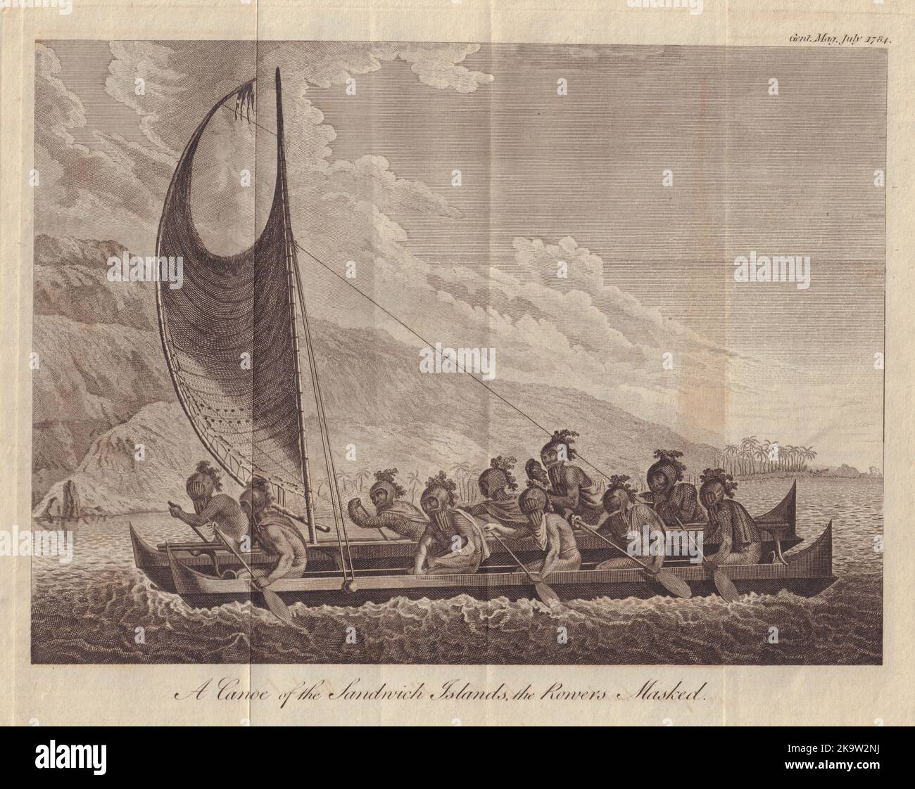 A Canoe of the Sandwich Islands, the Rowers Masked. Hawaiian drua catamaran 1784 Stock Photo