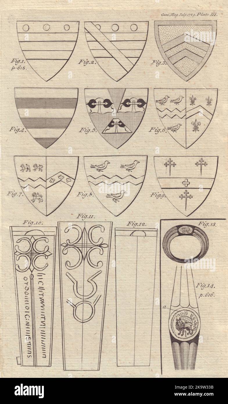 Shields of Arms, Threekingham church, Lincolnshire. Coffins. Towton Field 1789 Stock Photo