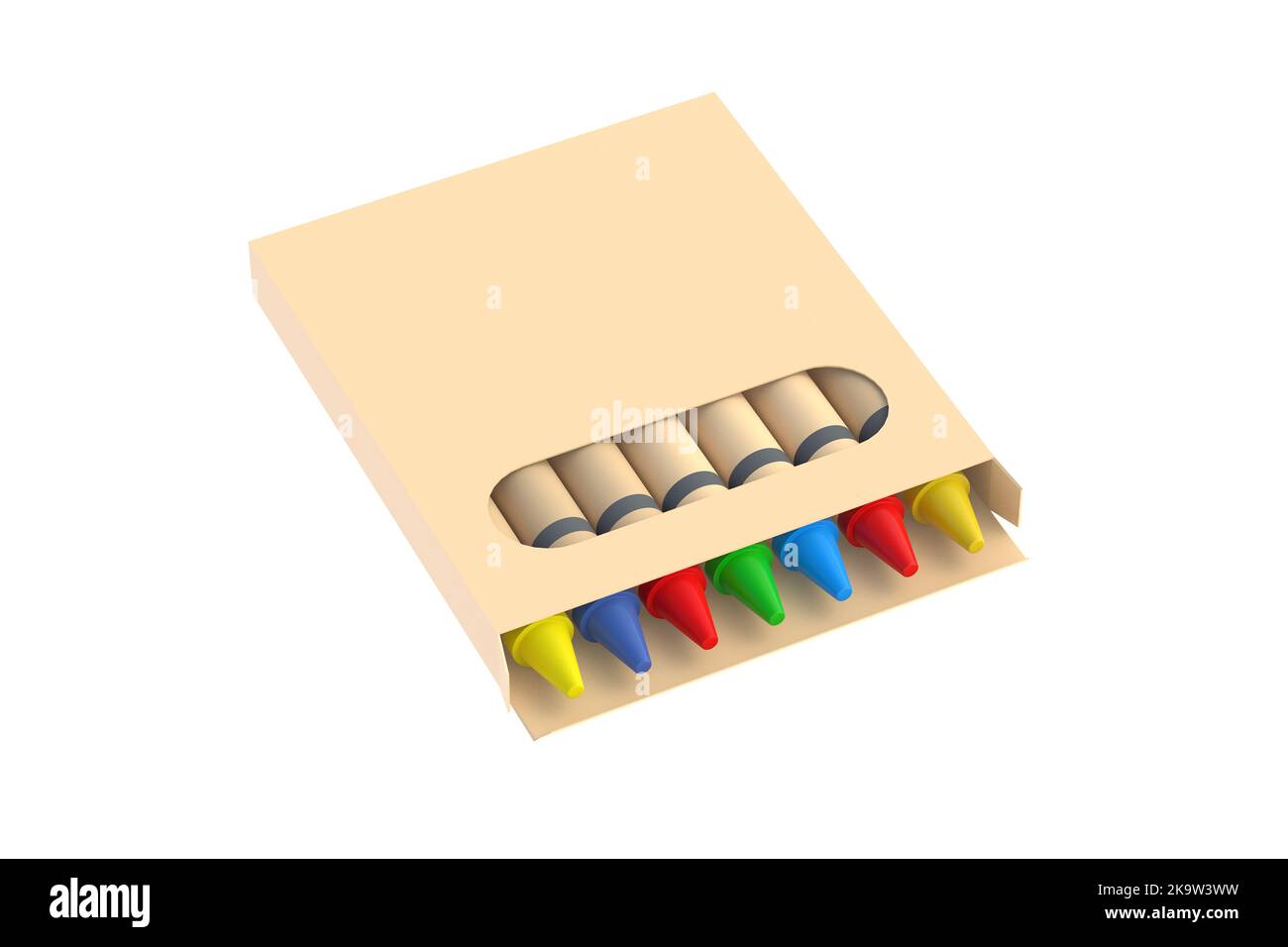 Colorful wax crayons in package isolated on white background. Top view ...