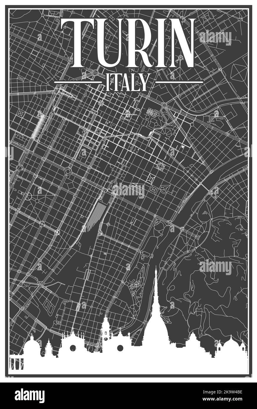 Hand-drawn downtown streets network printout map of TURIN, ITALY Stock Vector