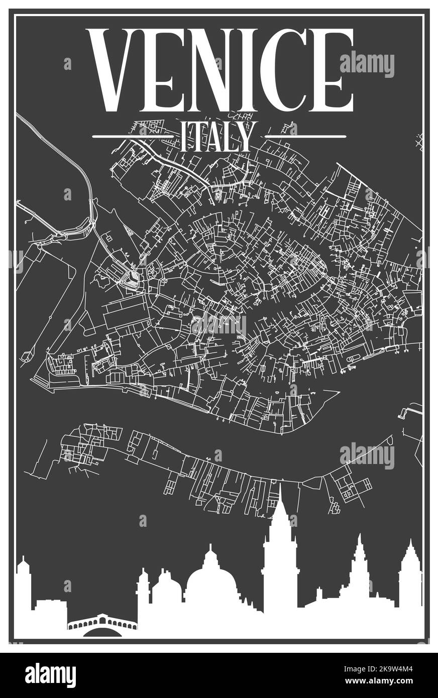 Hand-drawn downtown streets network printout map of VENICE, ITALY Stock Vector