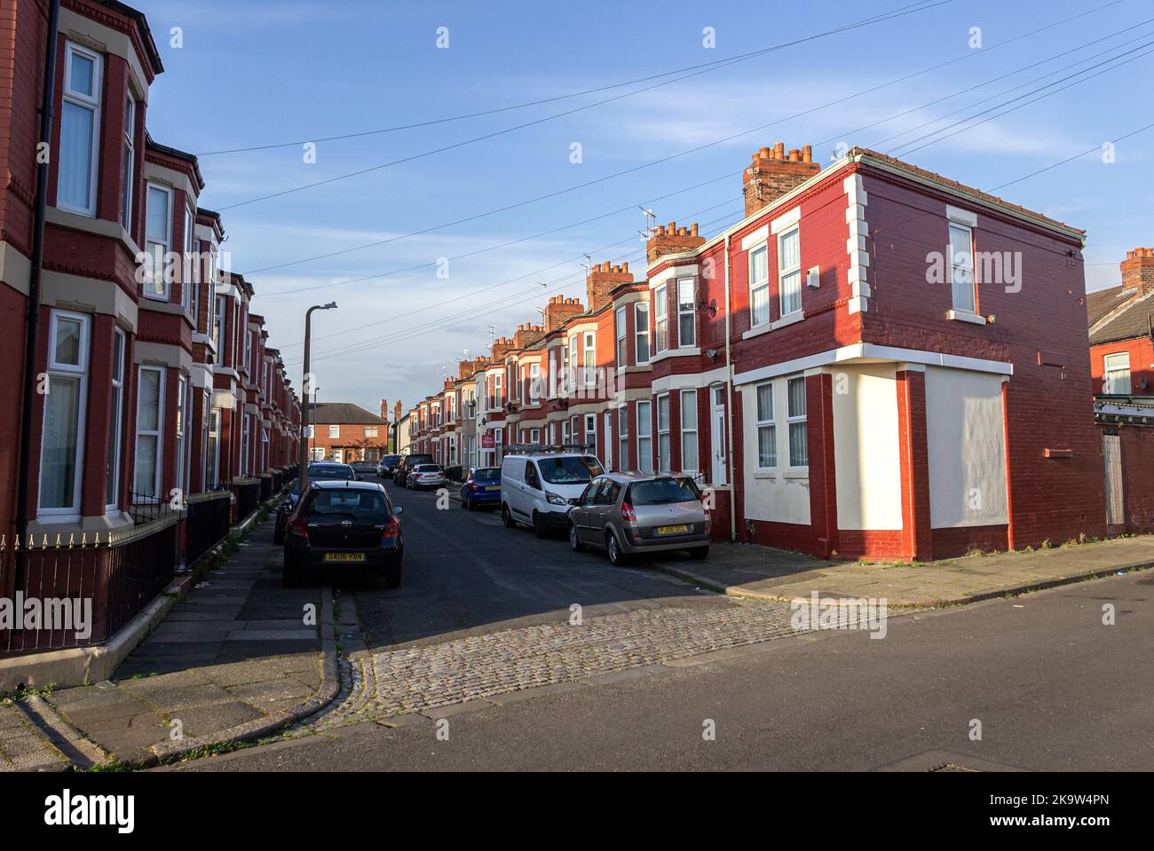 Birkenhead, UK Falkland Street terraced houses from the junction with
