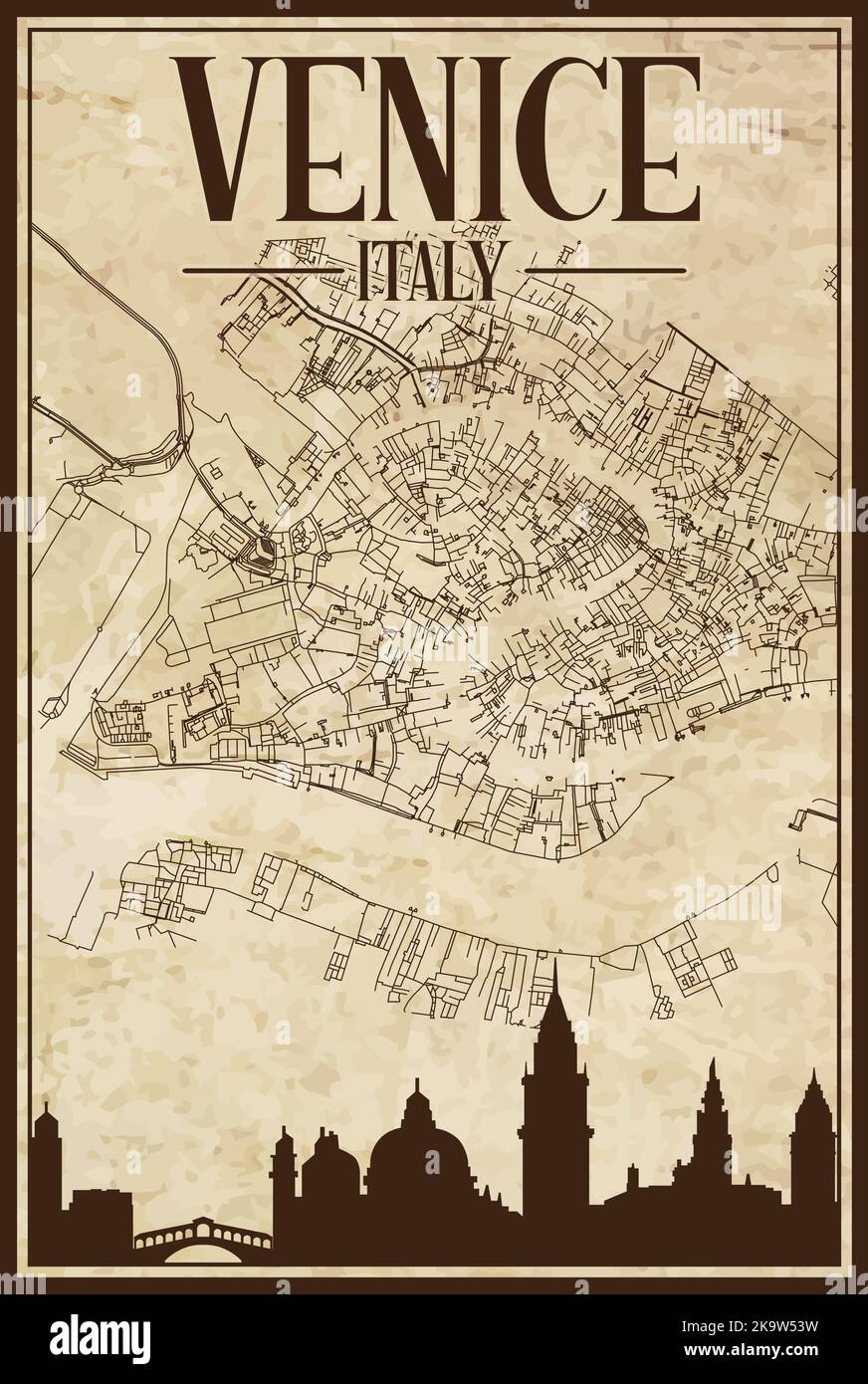 Hand-drawn downtown streets network printout map of VENICE, ITALY Stock ...