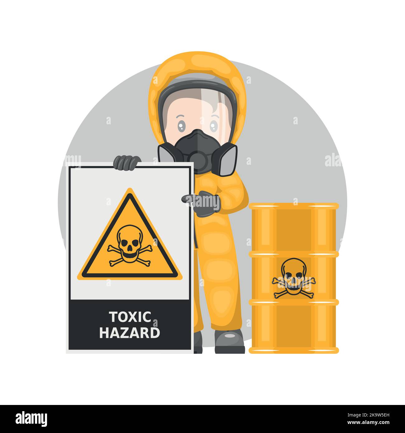 Industrial worker with toxic material hazard sign warning. Barrel toxic materials. Toxic hazard. Management of hazardous substances and materials. Ind Stock Vector