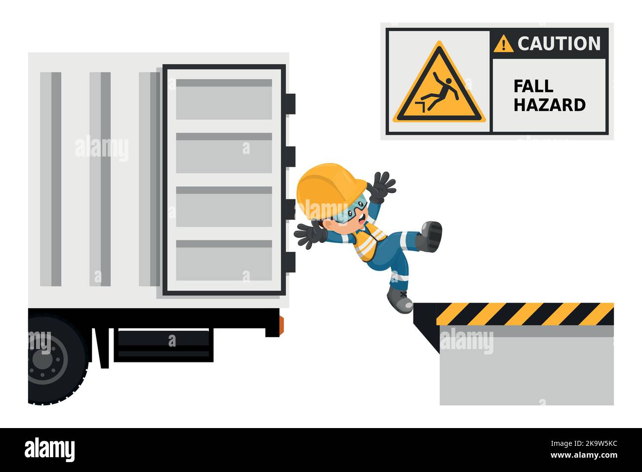 Danger of falling at different levels in loading docks. Fall hazard. Work accident prevention. Security First. Industrial safety and occupational heal Stock Vector