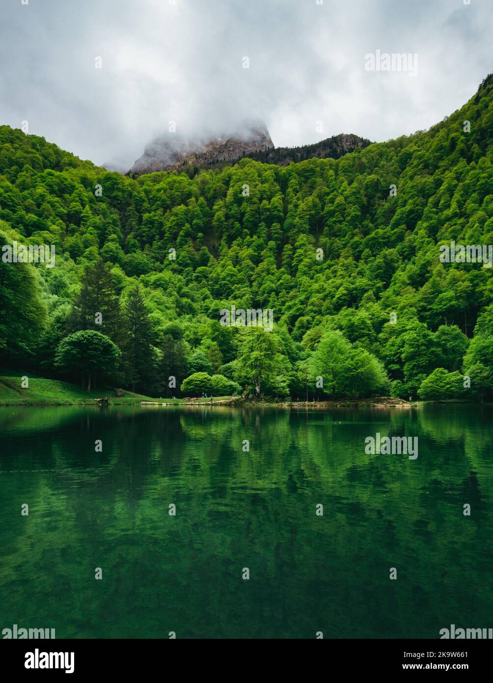 View on the mountain lake of Bethmale and thre green reflection in the water in the French Pyrenees (Ariege) Stock Photo