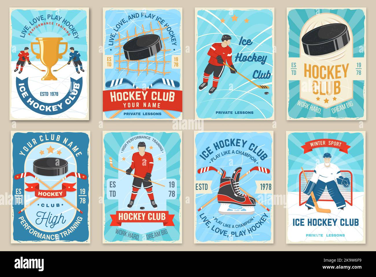 Ice Hockey club flyer, brochure, banner, poster. Concept for shirt or logo, print, stamp or tee. Winter sport. Vintage typography design with player Stock Vector
