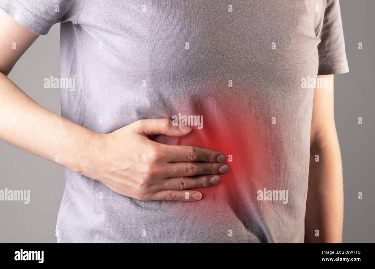 Liver pain and disease concept. Problem, red inflammation in abdominal