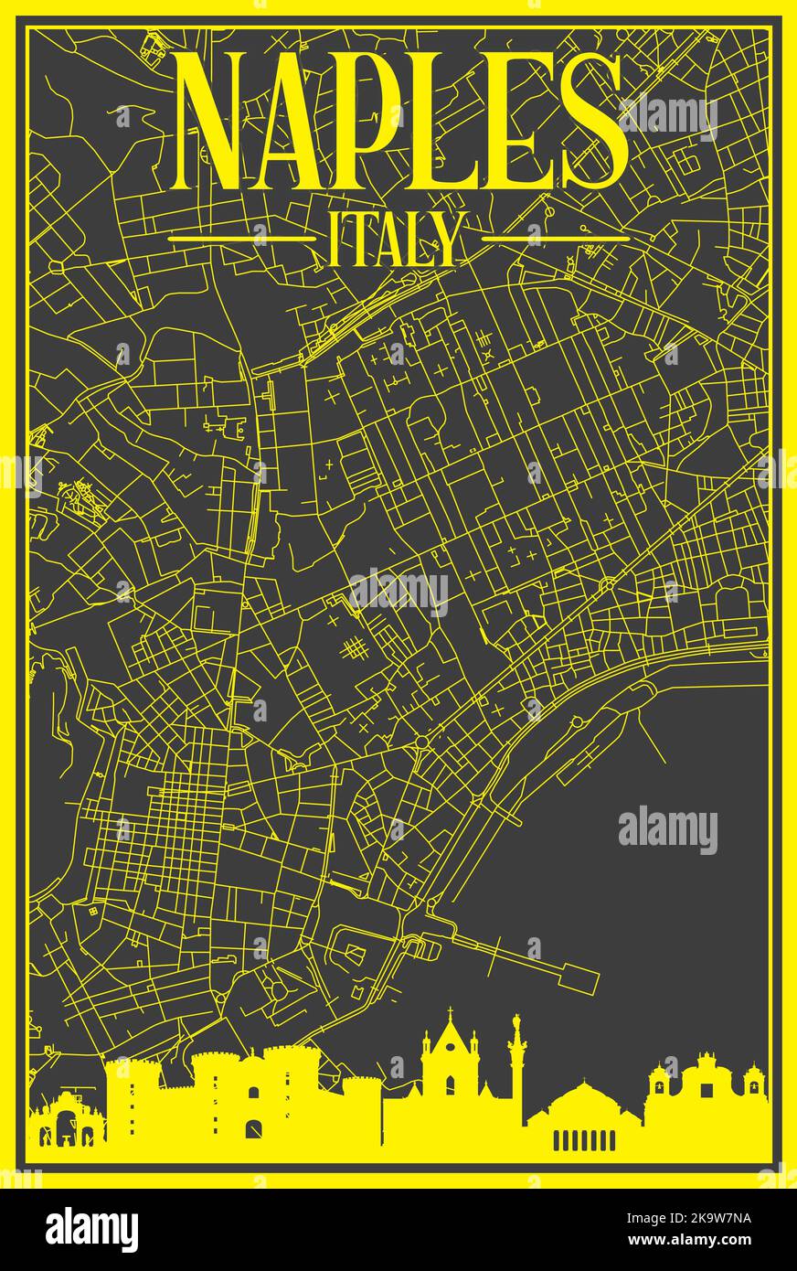 Hand-drawn downtown streets network printout map of NAPLES, ITALY Stock Vector