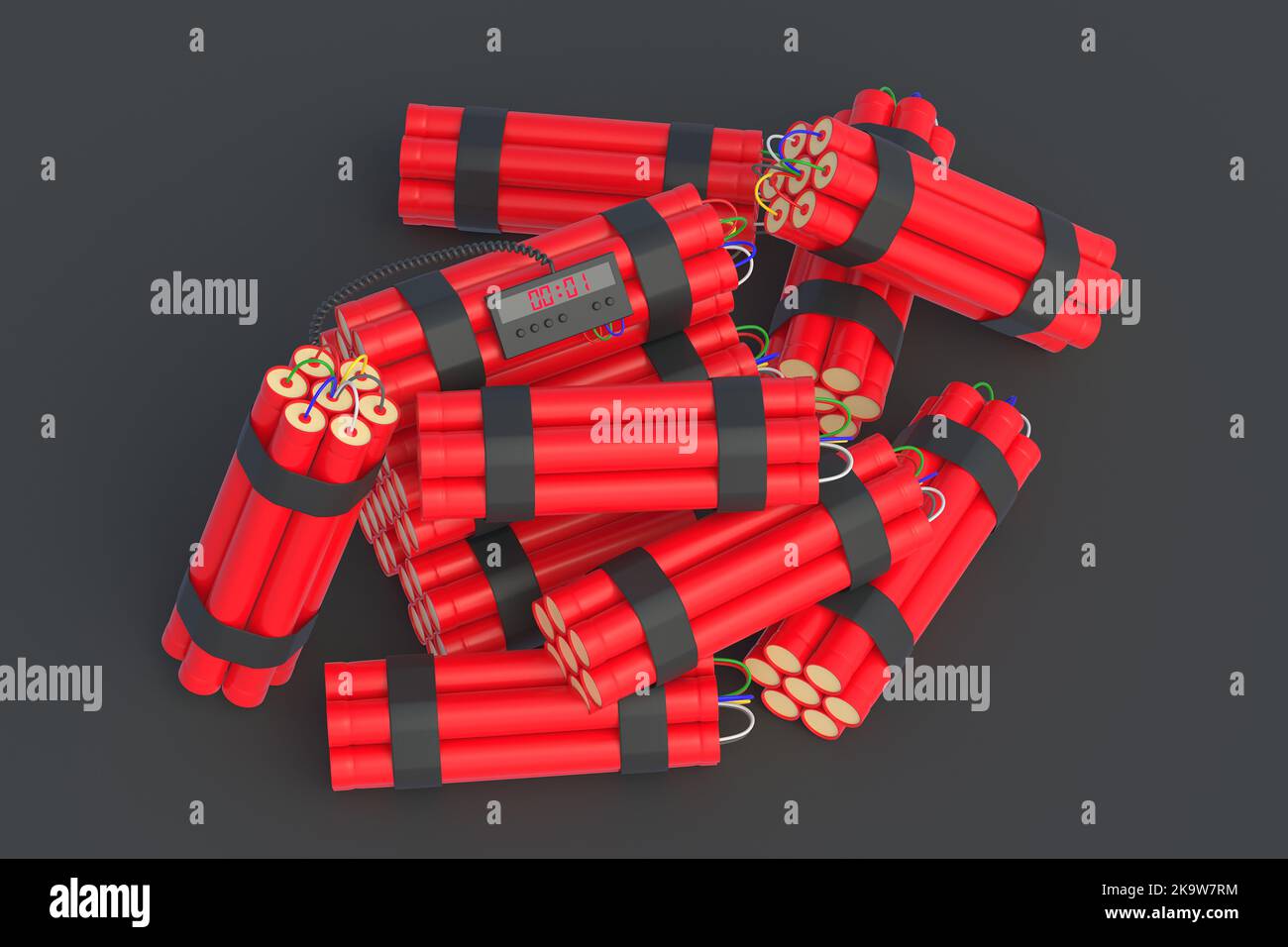 Stack of dynamite bombs with digital timer. Countdown and deadline. 3d