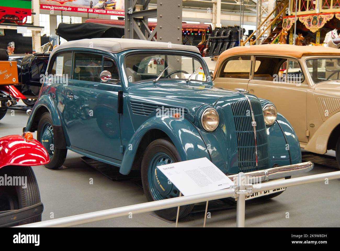 SPEYER, GERMANY - OCTOBER 2022: green blue German Staff Car Kadett K38 Saloon 1937 retro car in the Technikmuseum Speyer. Stock Photo