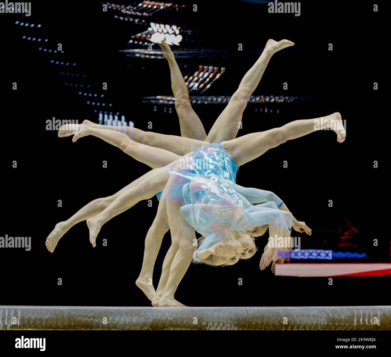 Liverpool, UK. 30th October 2022, M&amp;S Bank Arena, Liverpool, England; 2022 World Artistic Gymnastics Championships; Women's Qualification Balance Beam - Multiple exposure of Ukrainian gymnast competing on the balance beam Credit: Action Plus Sports Images/Alamy Live News Stock Photo