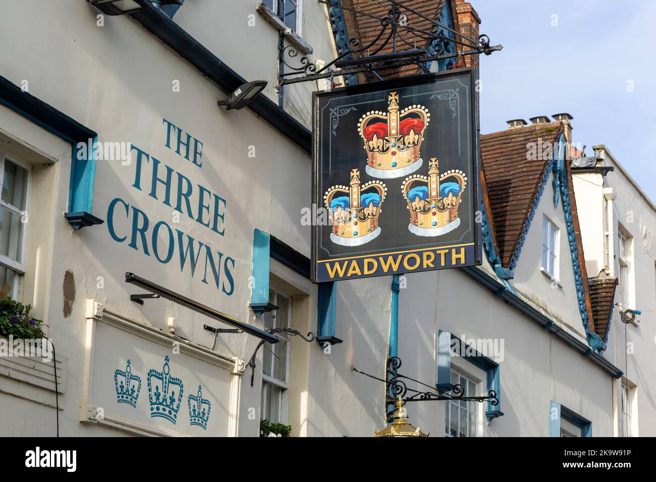 Pub sign for Wadworth brewery Three Crowns inn, Devizes, Wiltshire
