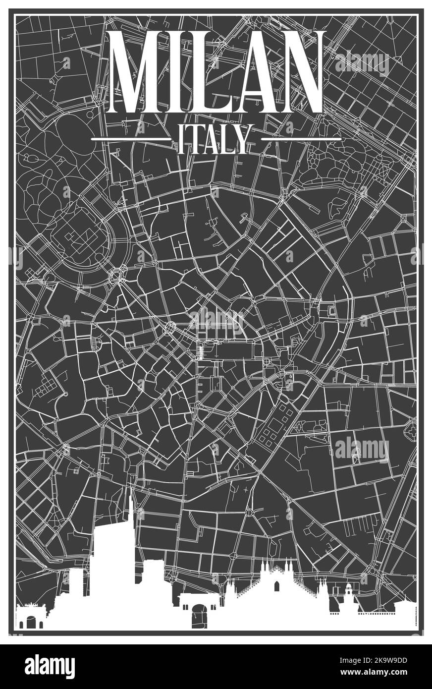 Hand-drawn downtown streets network printout map of MILAN, ITALY Stock Vector