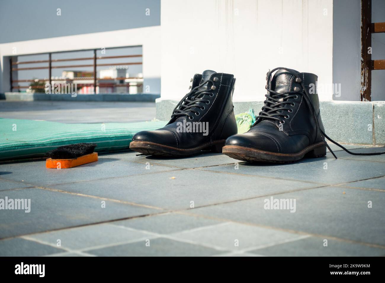 February 8nd 2022. Uttarakhand India. Black leather high top boots polished. India Stock Photo