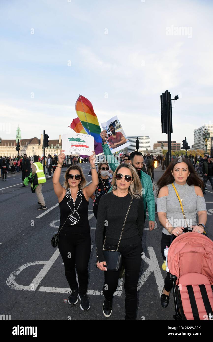 London, UK 29 October 2022. Protest opposite Houses of Parliament to show solidarity with the 'the women's revolution' in Iran sparked by Mahsa Amini's death. (c) Liz Somerville/Alamy Live News Stock Photo