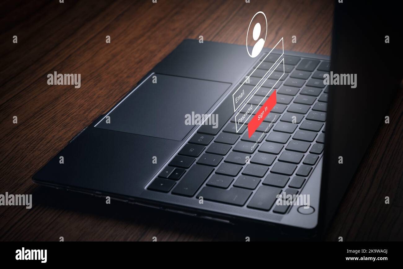 Laptop keyboard with VR interface login and password. Data protection