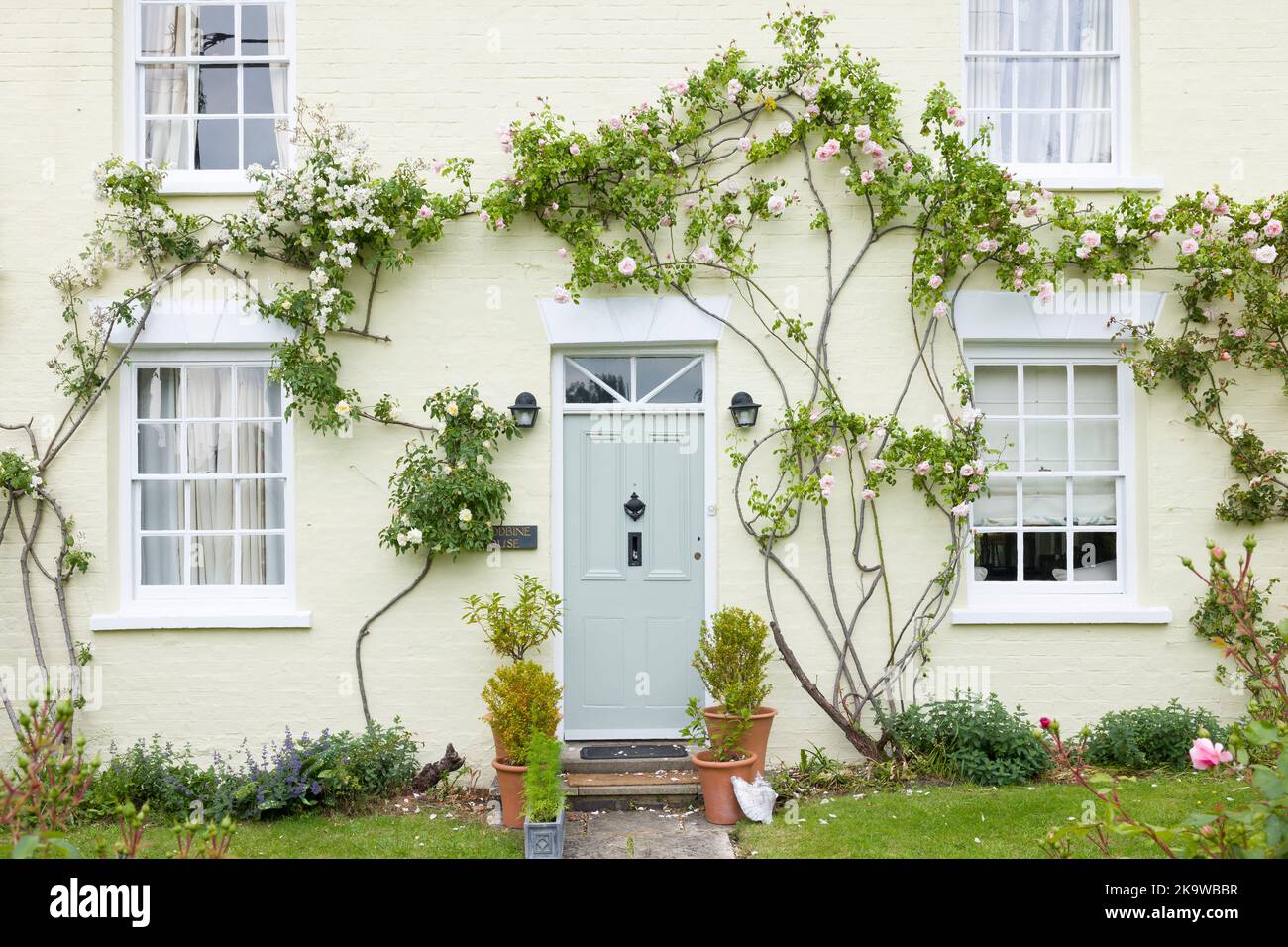 BUCKINGHAMSHIRE, UK - June 03, 2022. Home exterior UK. English house with green front door and wooden sash windows surrounded by climbing roses. Engla Stock Photo