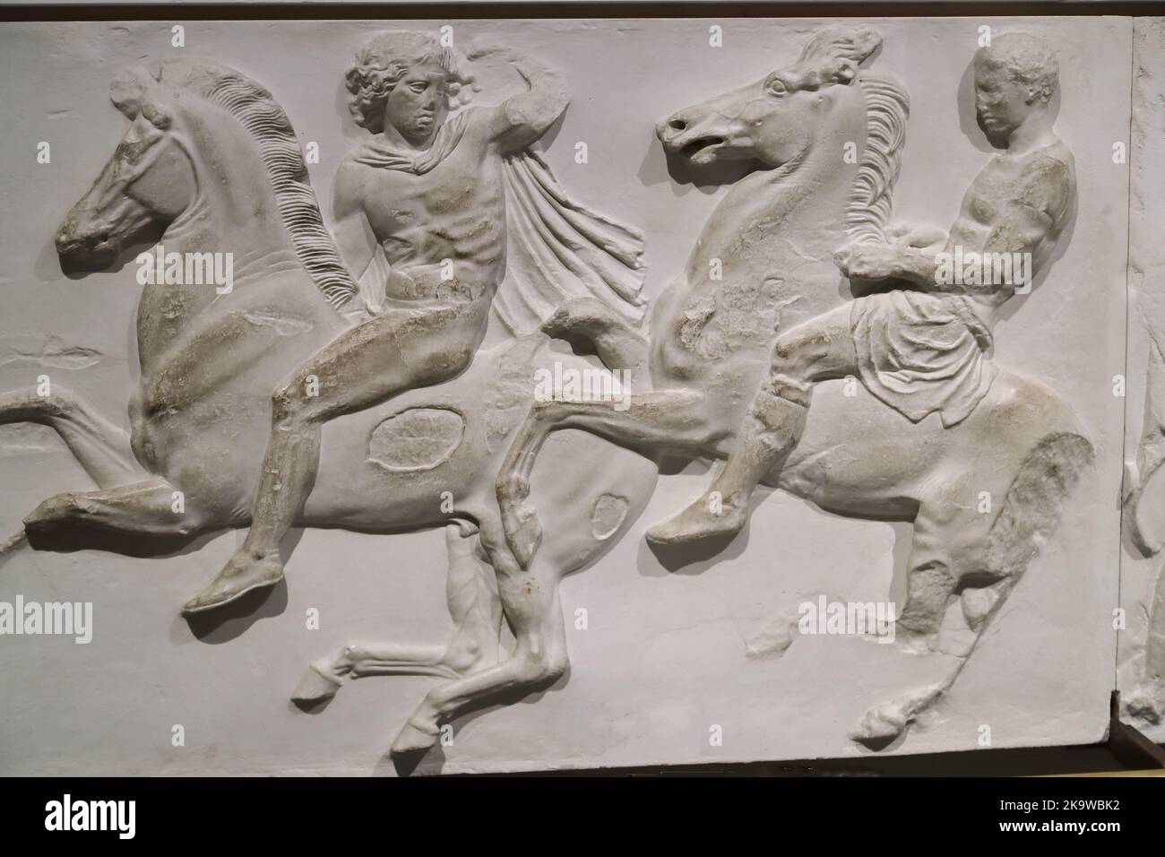 Parthenon Frieze (Elgin Marbles), two horsemen from the West Frieze of the Parthenon on the Acropolis at the British Museum, London, UKon the Acropolis in Athens Stock Photo