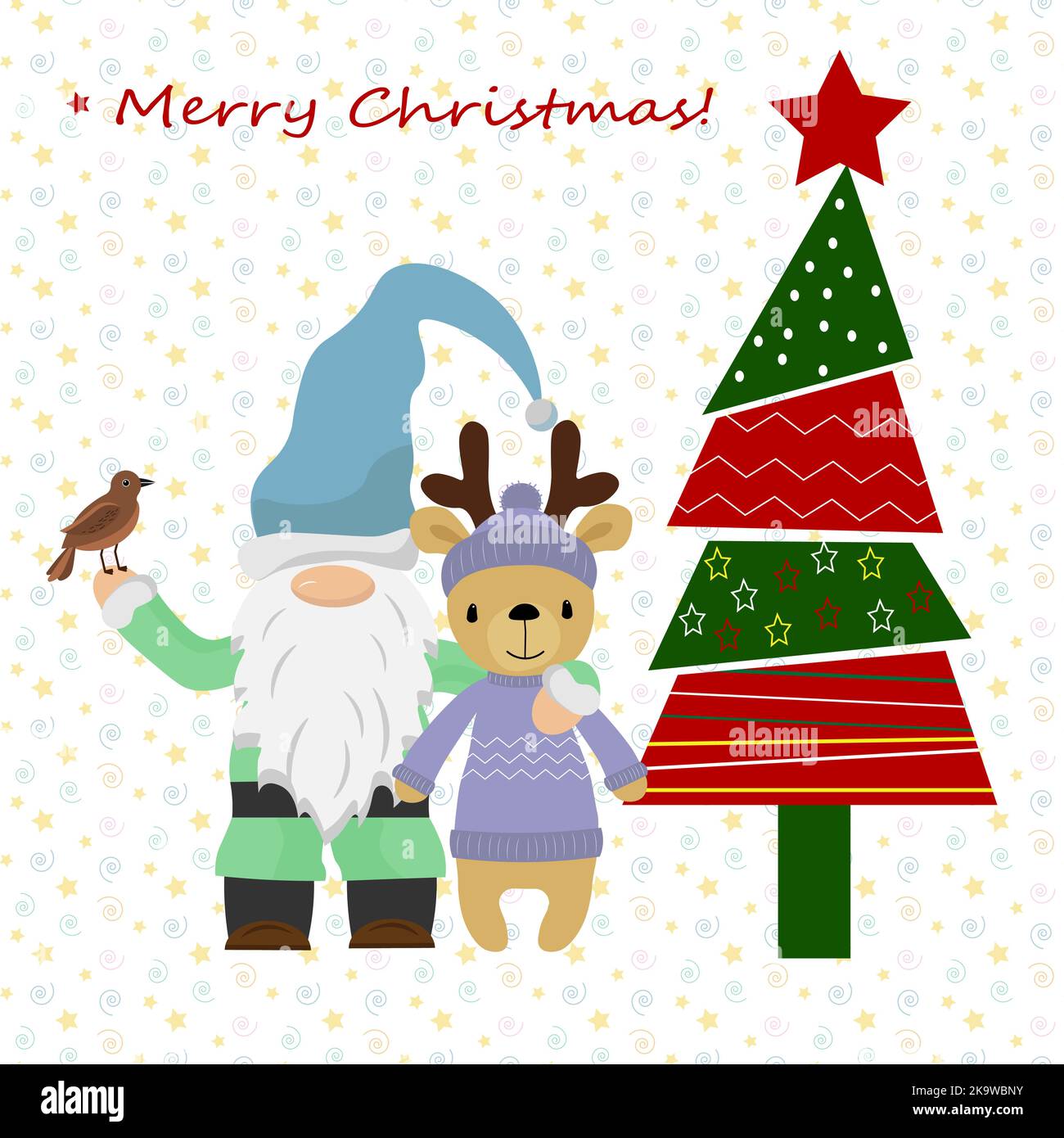 Card template with cute gnome, deer and christmas tree. Christmas vector illustration. For use in the design of cards, invitations, prints, shops, pac Stock Vector