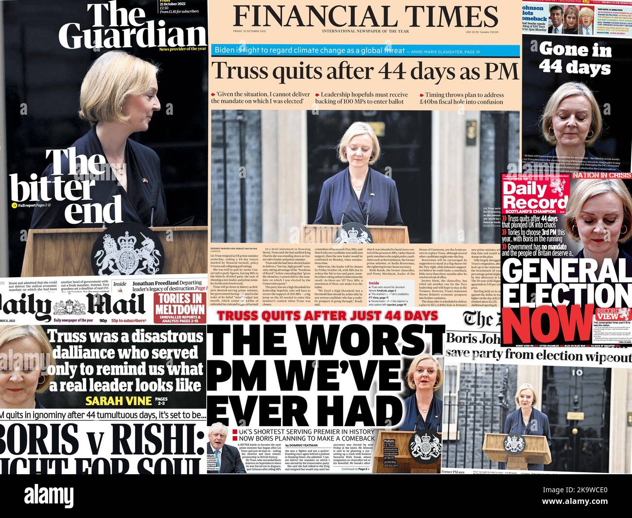 Newspapers on Friday, 21st October 2022, reporting on Liz Truss announcing her resignation as UK prime minister a day earlier. Stock Photo