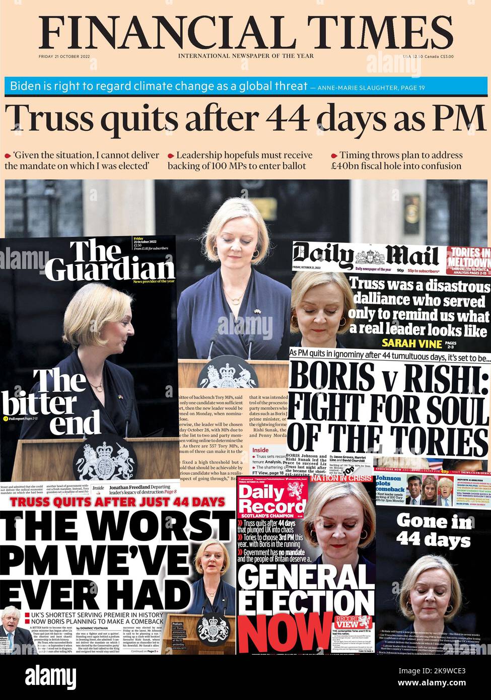 Newspapers on Friday, 21st October 2022, reporting on Liz Truss announcing her resignation as UK prime minister a day earlier. Stock Photo