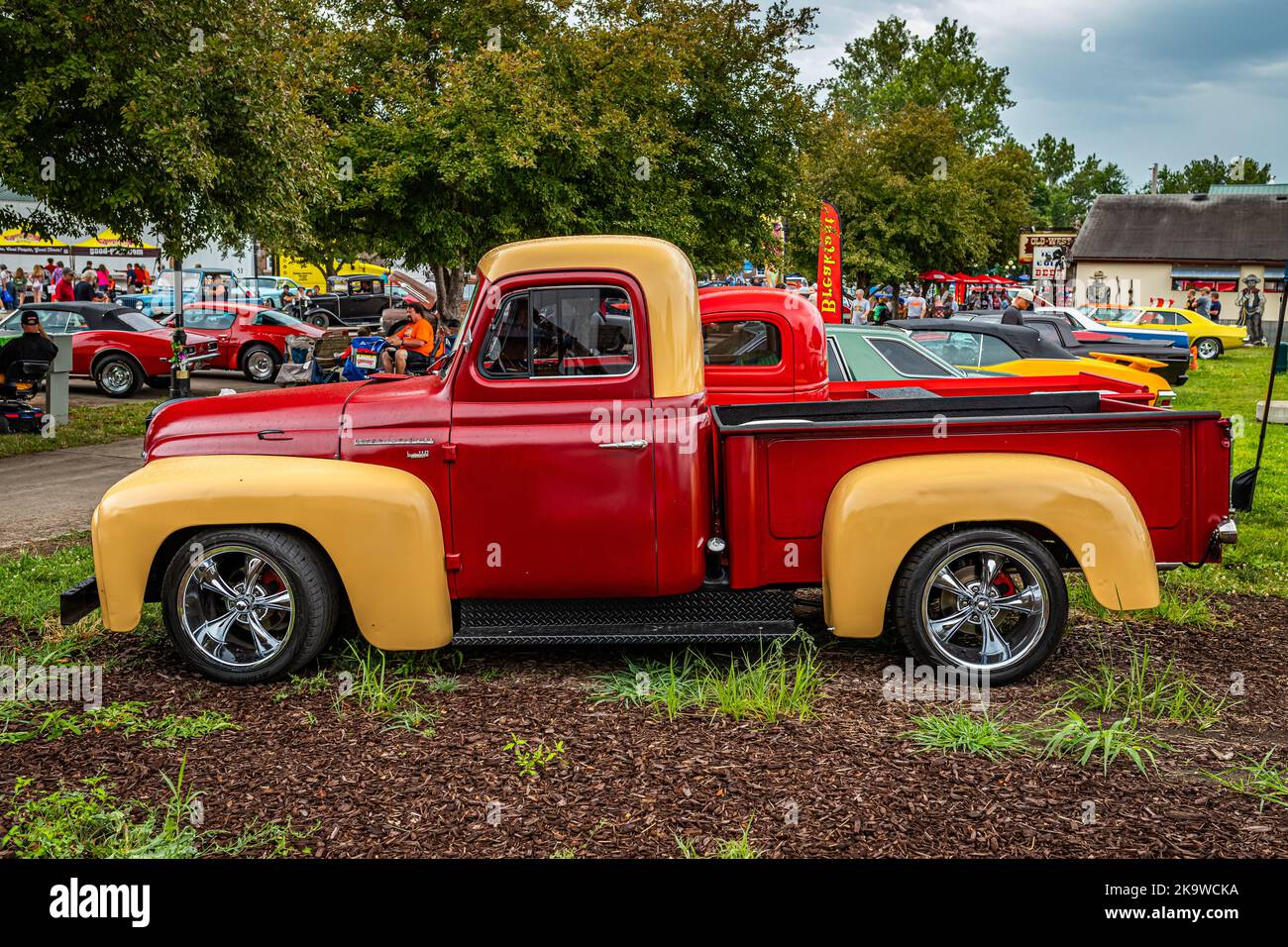 Des Moines, IA - July 01, 2022: High perspective side view of a 1952 International Harvester L110 Pickup Truck at a local car show. Stock Photo