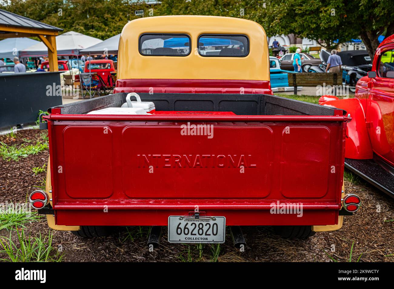Des Moines, IA - July 01, 2022: High perspective rear view of a 1952 International Harvester L110 Pickup Truck at a local car show. Stock Photo