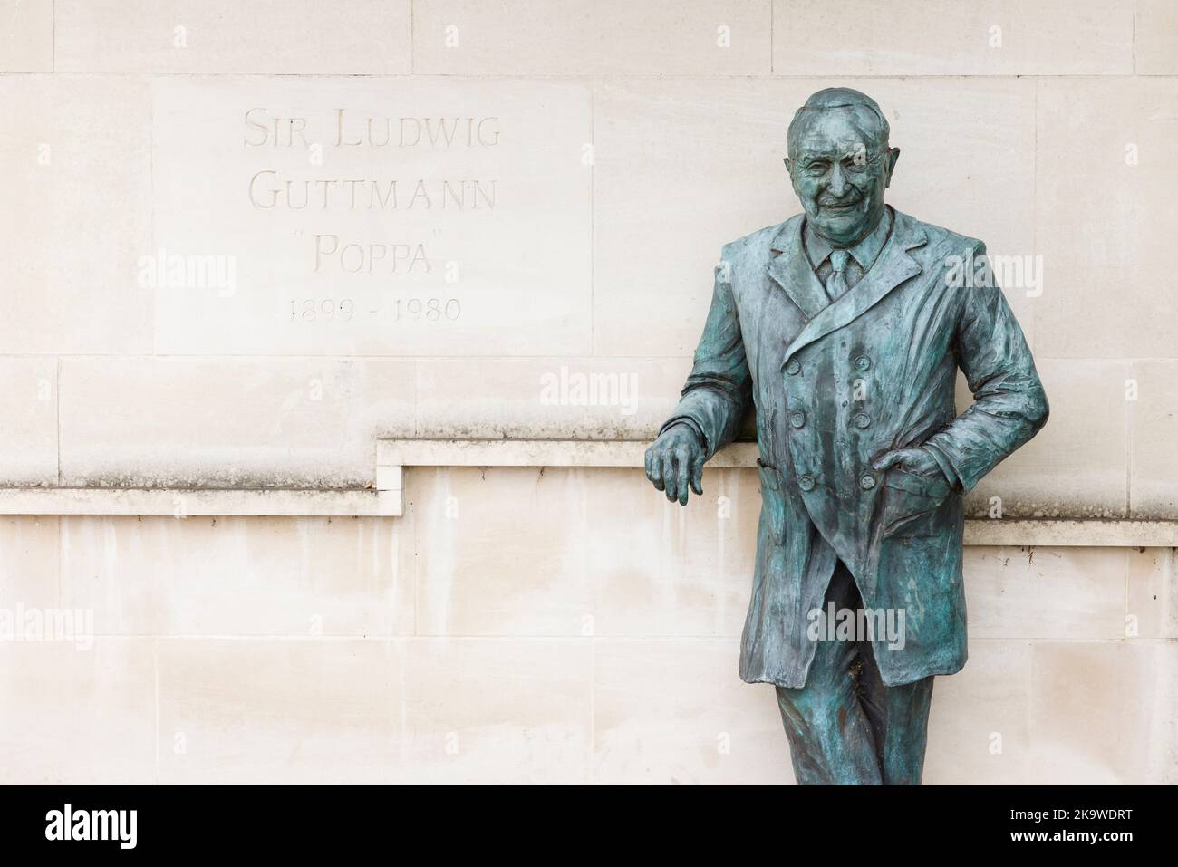 AYLESBURY, UK - July 04, 2021. Bronze Statue of Professor Sir Ludwig Guttmann CBE, founder of the Stoke Mandeville Games that evolved into the Paralym Stock Photo
