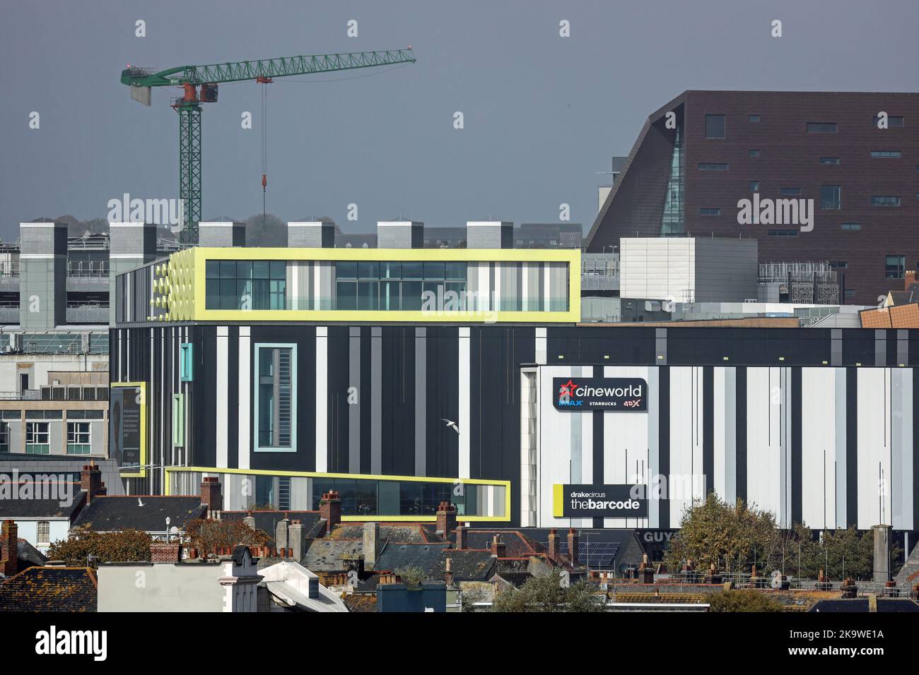 Longshot of the graphic Barcode leisure Centre in the city centre of Plymouth includes a Cineworld multiplex plus restaurant and other leisure offerin Stock Photo