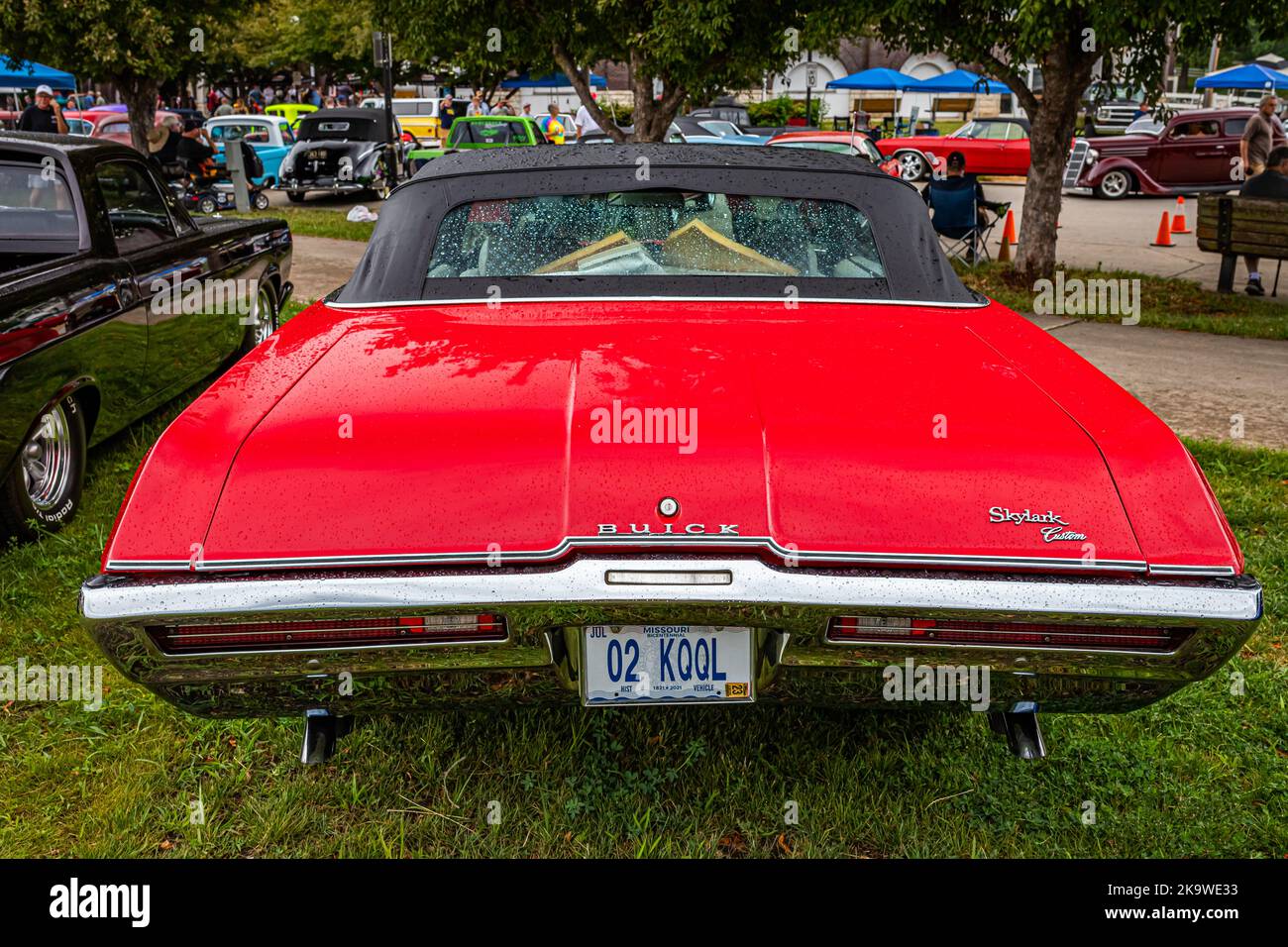 Des Moines, IA - July 01, 2022: High perspective rear view of a 1969 Buick Skylark Convertible at a local car show. Stock Photo
