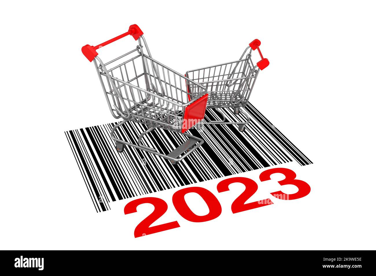 Two Empty Shopping Carts over Abstract Bar Code with New 2023 Year Sign ...