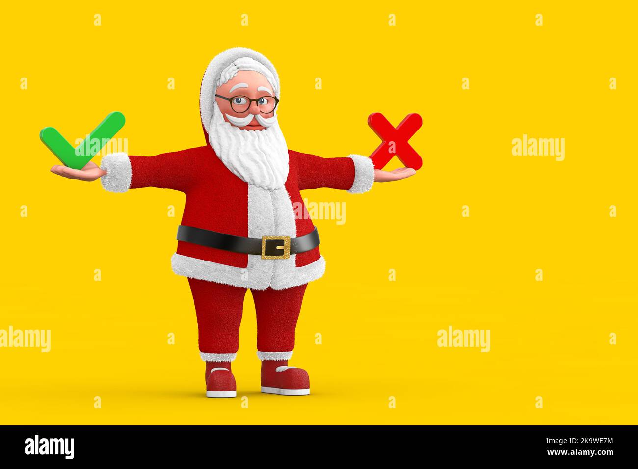 Cartoon Cheerful Santa Claus Granpa with Red Cross and Green Check Mark