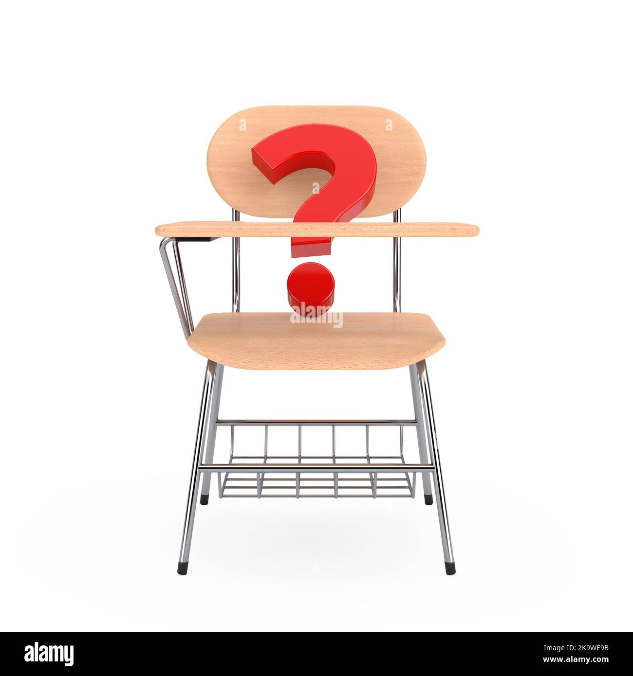 Red Question Mark and Wooden Lecture School or College Desk Table with Chair on a white