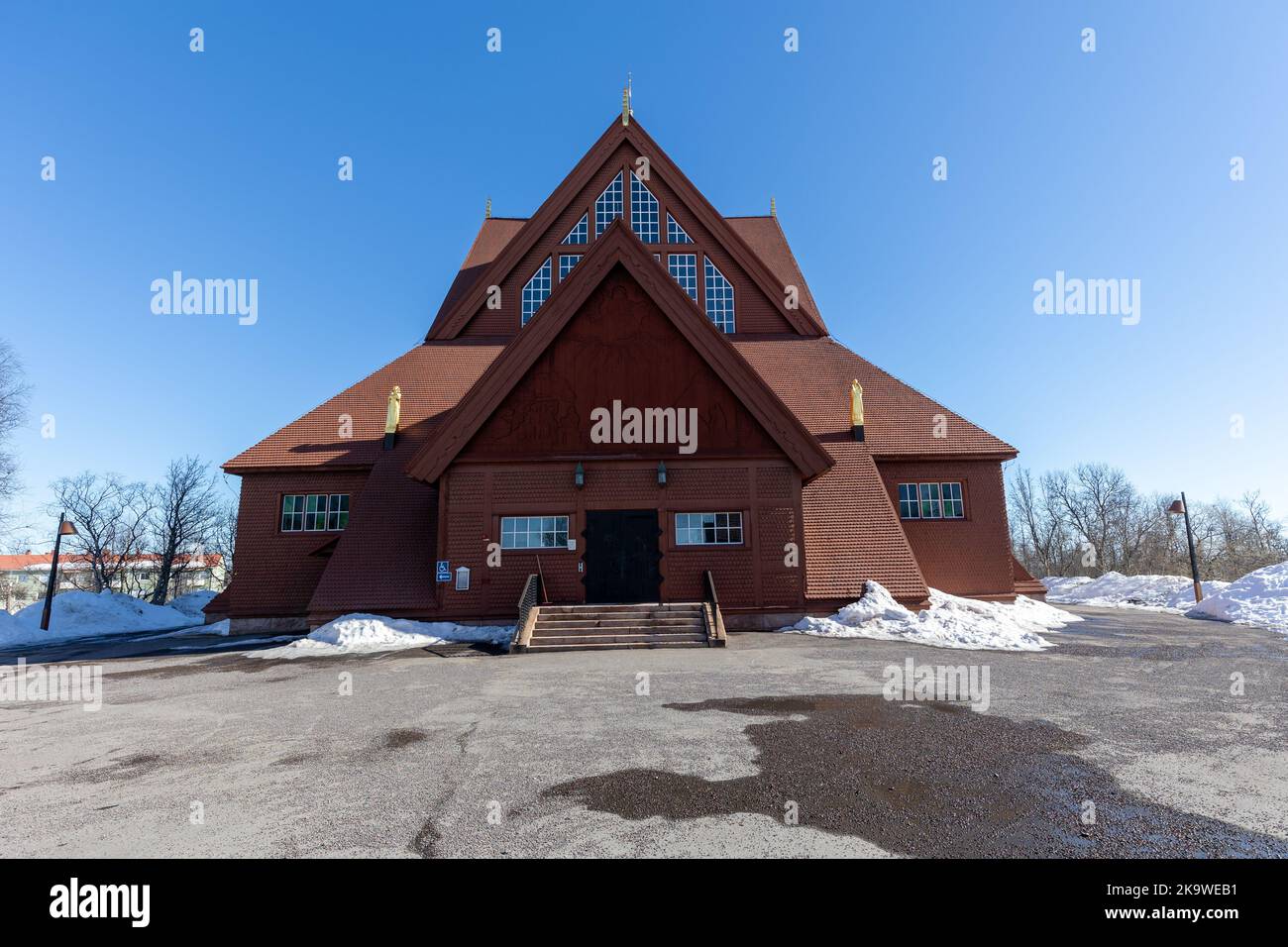 The wooden church of Kiruna in Jukkasjärvi parish in the diocese of Luleå in northern Sweden, built 1909-1912, one of Sweden's largest wood buildings. Stock Photo