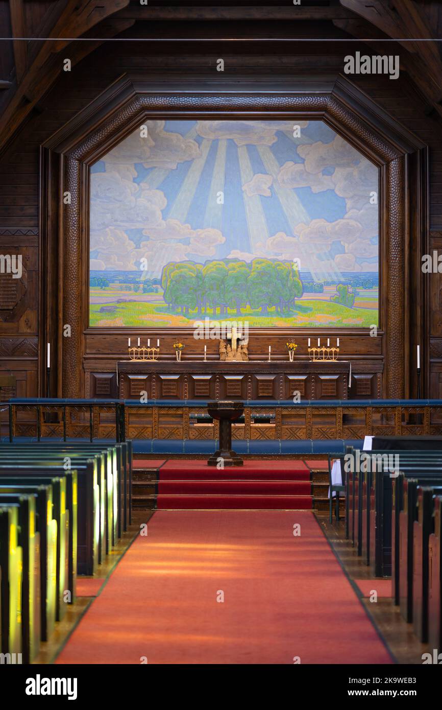 The altar at Kiruna church in Jukkasjärvi parish in the diocese of Luleå in northern Sweden, built 1909-1912, one of Sweden's largest wood buildings. Stock Photo