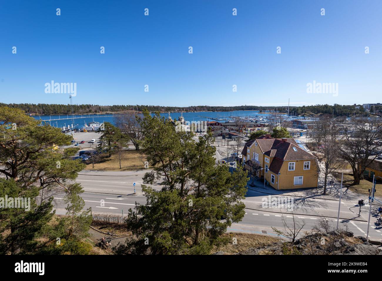 A summer view of the coastal Baltic town of Nynäshamn and its marina taken from the town church. Stock Photo