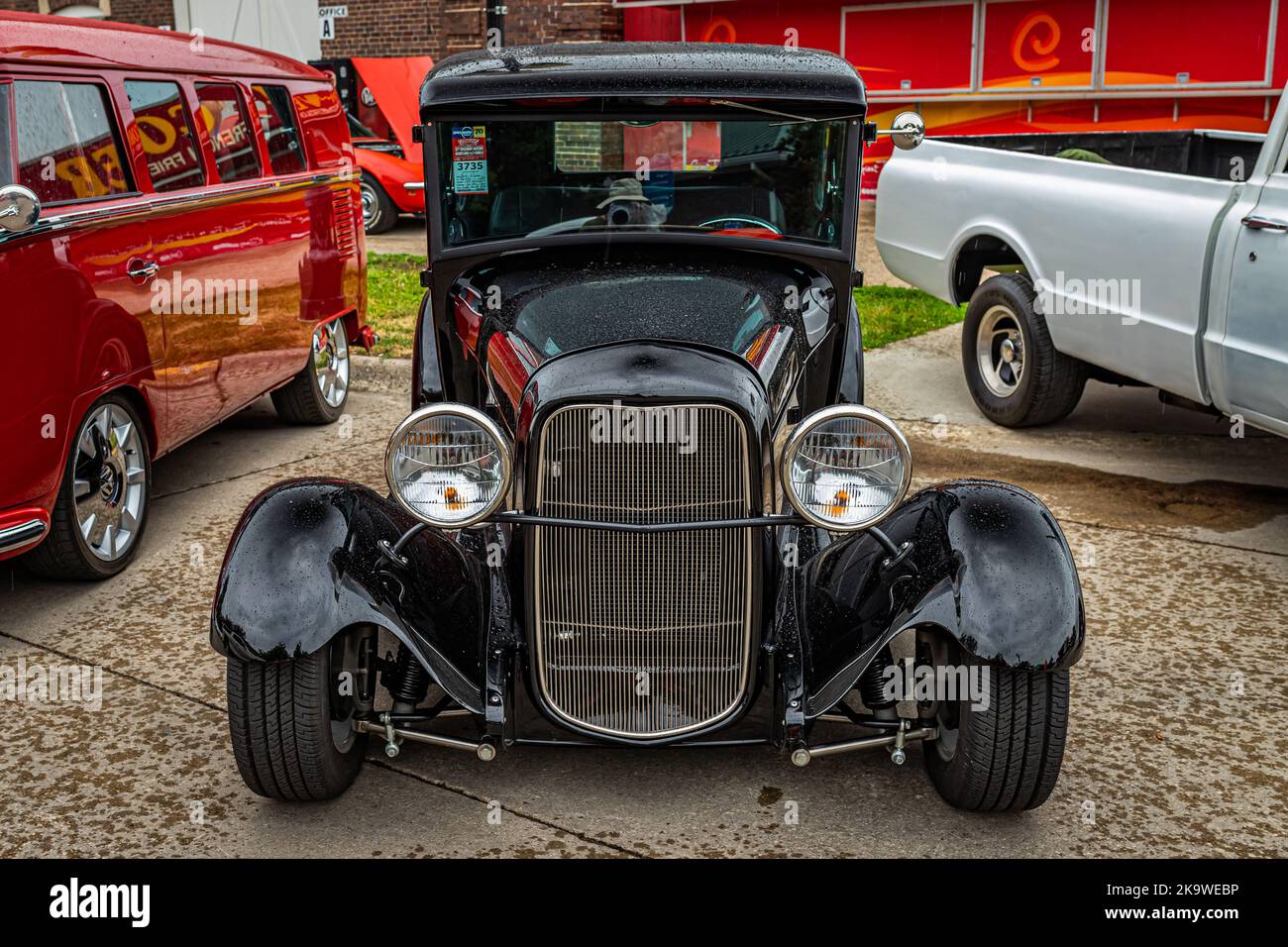 Des Moines, IA - July 01, 2022: High perspective front view of a 1930 Ford Model A Hardtop Coupe at a local car show. Stock Photo