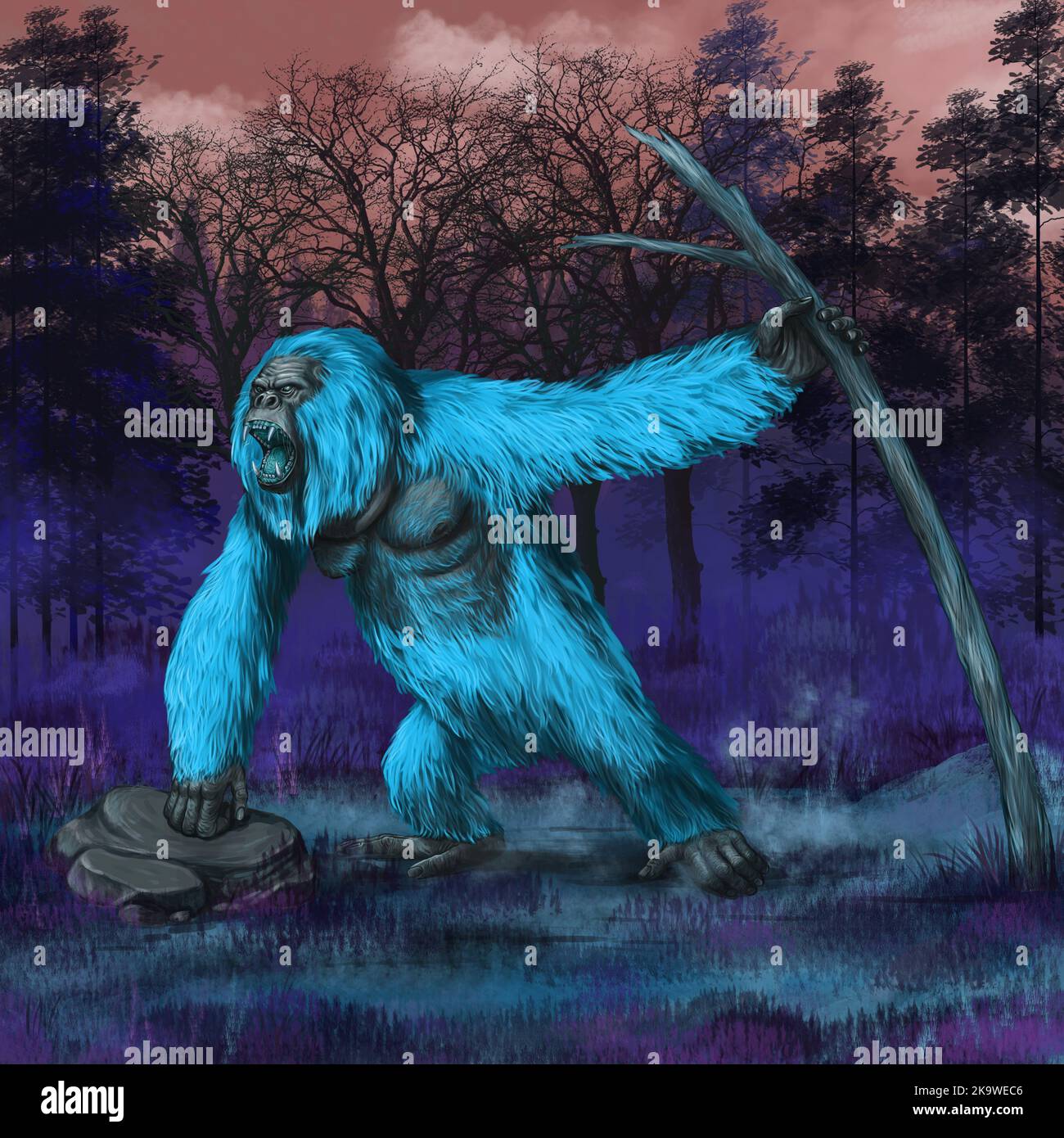 Ape-like creature - Yeti. Giant primate the Abominable Snowman. Digital illustration. Stock Photo